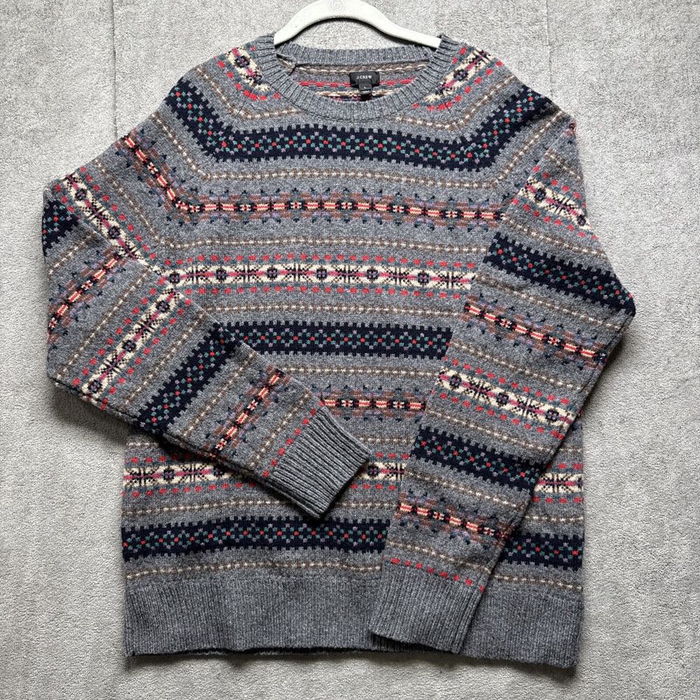 J Crew 100% Lambswool Sweater Mens L‎ Fair Isle Gray Pullover Classic Apres Ski